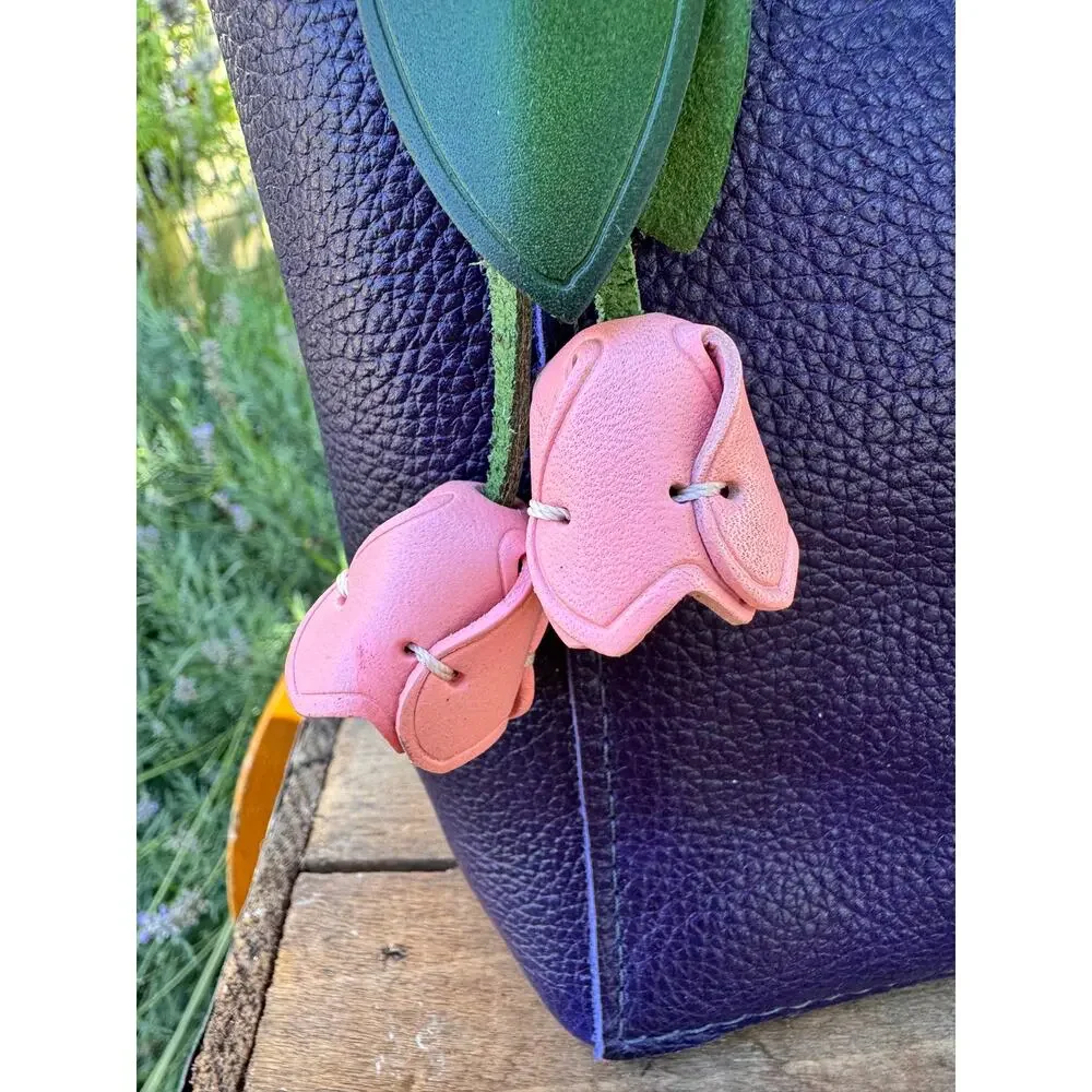 Genuine Leather Pink Tulip Bag Charm Tulip Spring Pink Flower Leather Charm